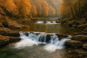 Autumn afternoon scene of gentle waterfalls and tranquil backwaters along a river in a lush forest region