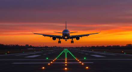 A Front View of a Passenger Jet Landing at Dusk.
