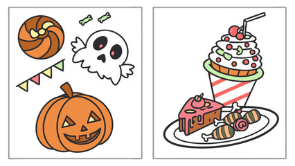 Two panels featuring halloween icons and dessert treats with holiday decorations and a slice of cake