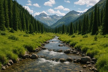 Obraz premium Gentle creek flowing through a high-altitude mountain gorge