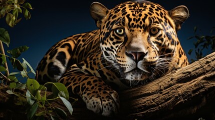 Jaguar perched on tree, predatory gaze, wild elegance