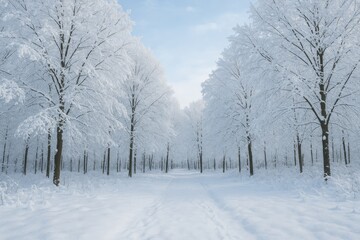 Fototapeta premium Frozen landscape featuring trees and snow in an outdoor winter setting