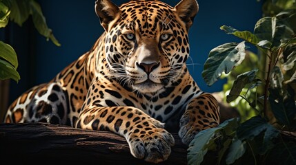 Jaguar perched on tree, predatory gaze, wild elegance