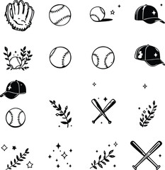Fototapeta premium Black-and-White Vector Illustration of Baseball Symbol Grid – 9-Item Sports Silhouette Set