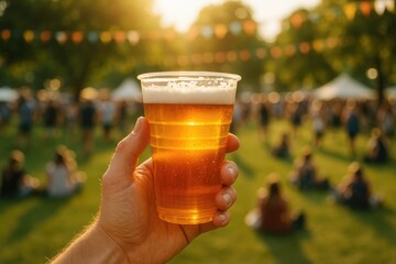 Summer outdoor festival with a person holding a plastic beer cup
