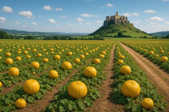 A wide-angle shot of a harvest-ready pumpkin patch with vibrant yellow gourds under a clear sky, featuring a historic fortress on a hilltop in the background.