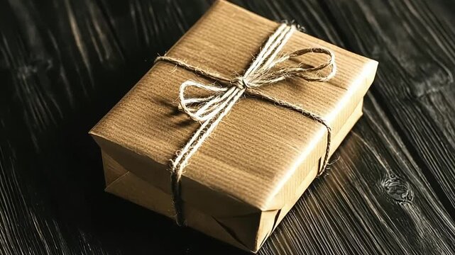 A beautifully wrapped gift is placed on a dark wooden table. The package features a natural texture and is tied with twine, creating a charming and rustic appearance.