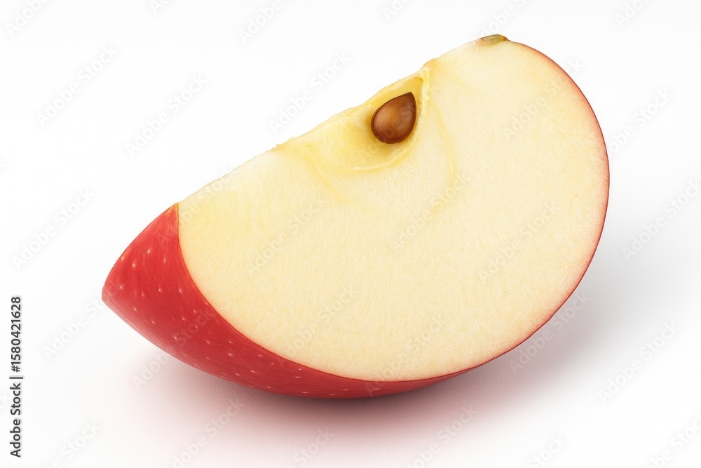 Poster close-up of a red apple segment against a plain white backdrop with sharp focus