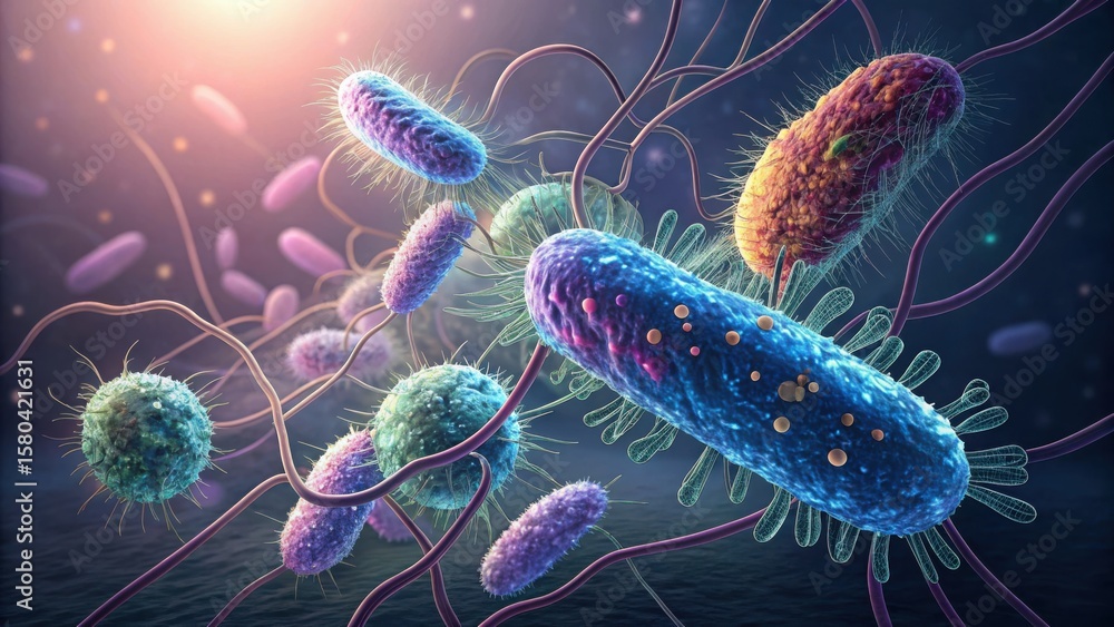 Poster 3d artwork of colorful bacteria forming intricate network structure