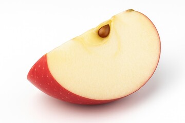 Close-up of a red apple segment against a plain white backdrop with sharp focus