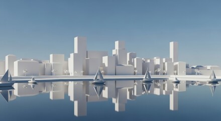 Obraz premium Minimalist White City Skyline Reflection on Calm Water Under Clear Blue Sky