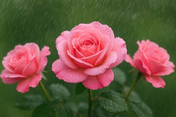 Pink roses flourishing in the rain