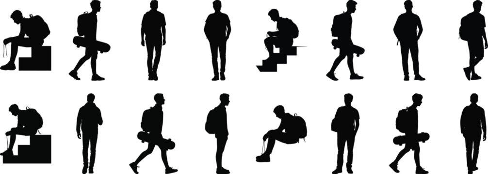 Teenager silhouette vector set of boys with backpack in walking, sitting, and standing poses, urban and casual style