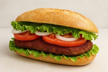 Beef cutlet sandwich layered with fresh lettuce, onions, and tomato inside a bun