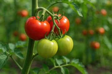 Vivid red and green tomatoes in close-up
