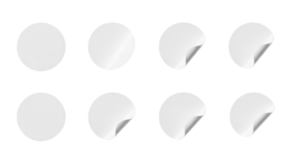 Set of White Circle Stickers with Peel Effect isolated PNG with Transparent Background