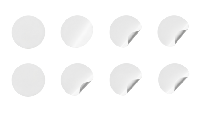 Set of White Circle Stickers with Peel Effect isolated PNG with Transparent Background