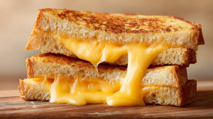 Grilled cheese sandwich with melted cheese oozing out, golden toasted bread stacked on wooden surface, warm and appetizing