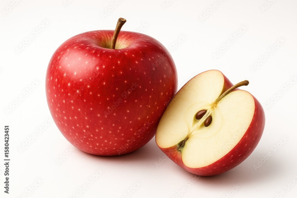 Aufkleber red apple with a slice displayed on a plain white backdrop