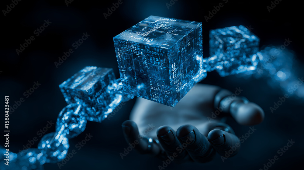 Poster futuristic digital network visualization held in hand, abstract data flow, technological innovation,