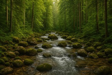 Fototapeta premium Serene woodland creek flowing through lush greenery