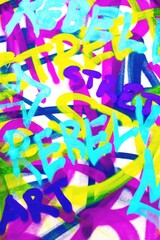 Vibrant graffiti word art in neon blue, yellow, pink. Urban 80s, Y2K aesthetic, bold spray paint...