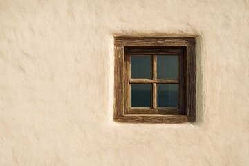 Miniature window on a textured wall of an old cottage. Muted tones.