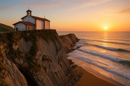 Sunrise over the historic church near Zumaia's shoreline
