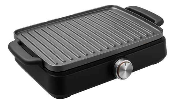 Versatile electric grill plate, designed for indoor barbecues in suburban residences.