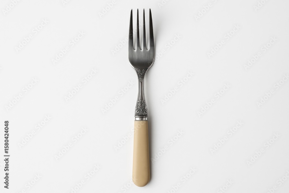 Poster top-down view of a polished metal fork with decorative pattern and beige handle