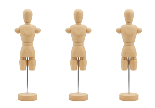 Isolated Transparent Background of Three Wooden Mannequin Figures