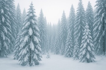 Fototapeta premium Frosty woodland scene featuring snow-laden trees in a winter landscape