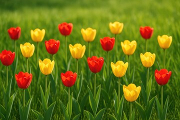 Fototapeta premium Bright red and yellow tulips blooming against lush green grass backdrop