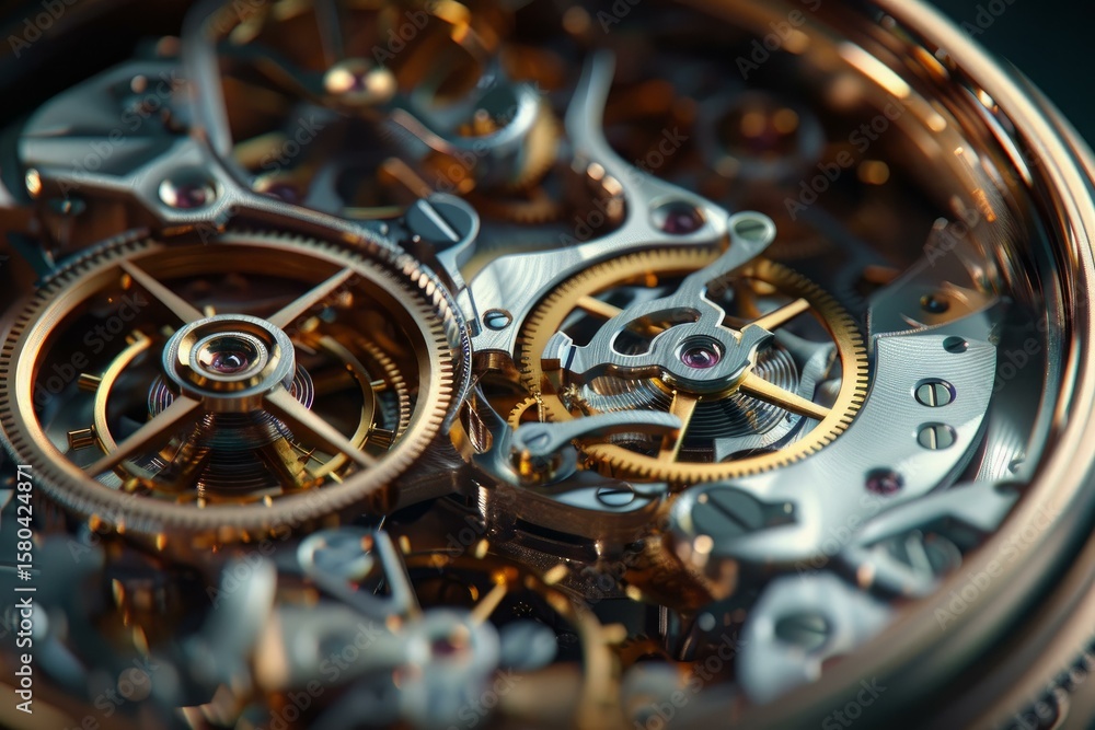 Poster intricate clockwork mechanism with gears rotating, showcasing the precision and complexity of watchm