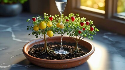 Miniature Fruit Bonsai with Watering Drop in Sunlight