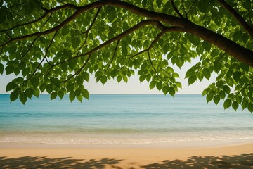 Tranquil nature scene featuring dense tree foliage, lush leaves, and sandy shoreline
