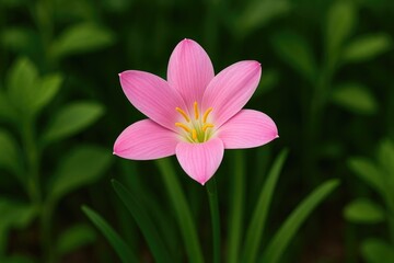 Fototapeta premium Garden scene featuring a pink Zephyranthes Lily flower