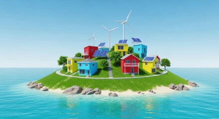 Colorful Eco-friendly Homes on Small Island with Wind Turbines and Solar Panels in Bright Blue Sky