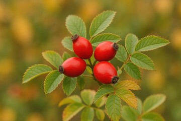 Close-up of vibrant red berries on a branch with rose hips