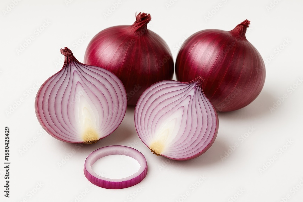 Poster thinly sliced red onions on a plain background