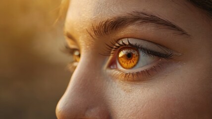 Close-up of a person's eye showcasing vibrant amber iris and detailed lashes, with a soft, warm background.