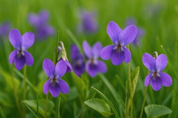 Vivid close-up of purple wildflowers amidst lush green grass, showcasing flower petals, stems, and leaves in springtime bloom with a cheerful atmosphere