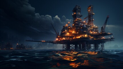 Offshore oil platform, Jack Up Rig at sea in the night