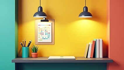 A stylish desk with a laptop, books, and color swatches on a yellow wall