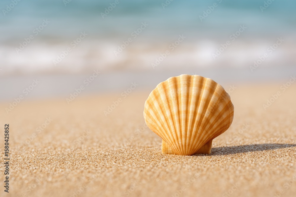 Poster seashell resting on a sandy shoreline with a softly blurred aquatic scene behind it