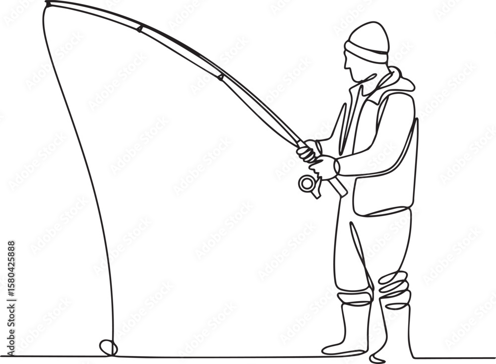 Poster continuous one line drawing of man fishing in lake with casting hook in minimalist outline vector st