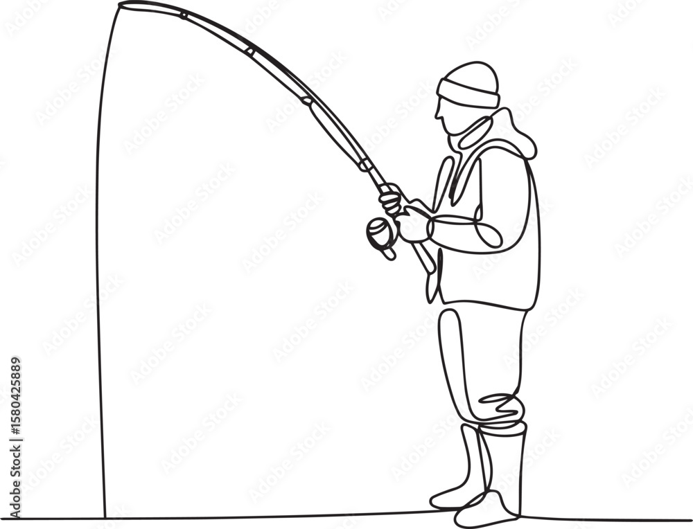 Poster continuous one line drawing of man fishing in lake with casting hook in minimalist outline vector st