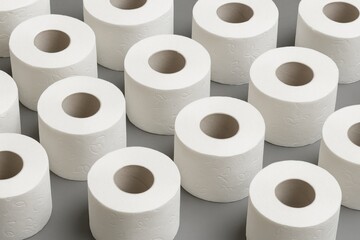 Soft toilet paper rolls displayed on a neutral gray surface