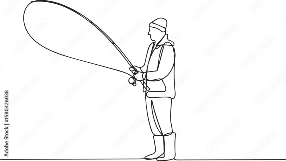 Poster continuous one line drawing of man fishing in lake with casting hook in minimalist outline vector st