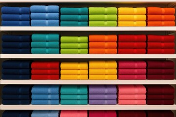 Vibrant cotton towel displays on retail shelves in a shopping center